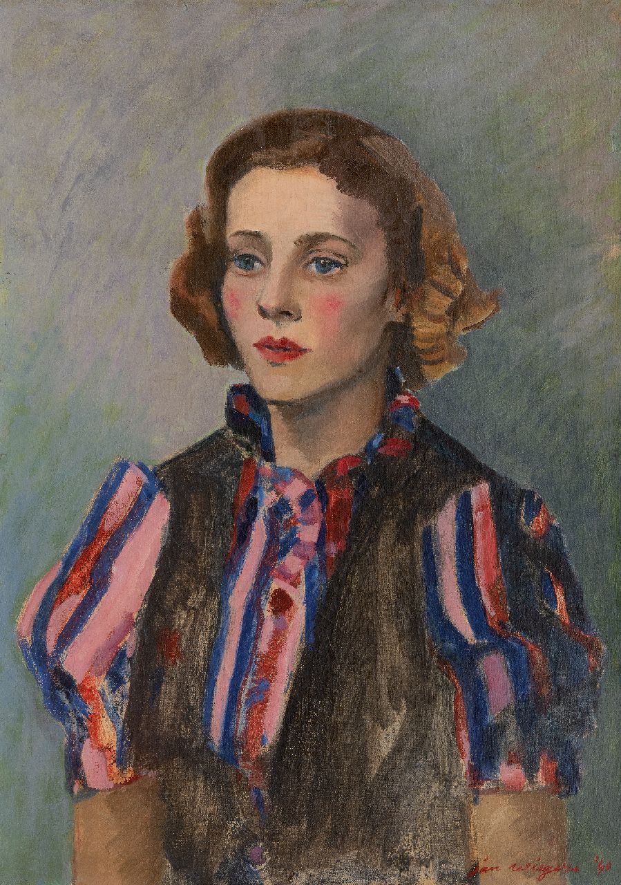 Wiegers J. | Jan Wiegers | Schilderijen te koop aangeboden | Vrouw in gestreepte blouse, olieverf op doek 65,1 x 46,1 cm, gesigneerd rechtsonder en gedateerd '40 Wiegers J. | Jan Wiegers | Schilderijen te koop aangeboden | Vrouw in gestreepte blouse, olieverf op doek 65,1 x 46,1 cm, gesigneerd rechtsonder en gedateerd '40