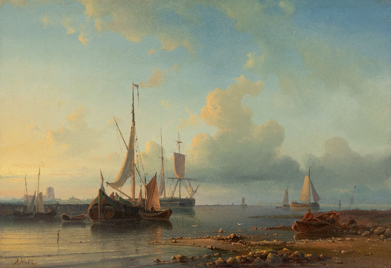 Hulk A. | Abraham Hulk, Schepen voor anker op kalm water, olieverf op paneel 30,7 x 44,1 cm, gesigneerd linksonder Hulk A. | Abraham Hulk, Schepen voor anker op kalm water, olieverf op paneel 30,7 x 44,1 cm, gesigneerd linksonder