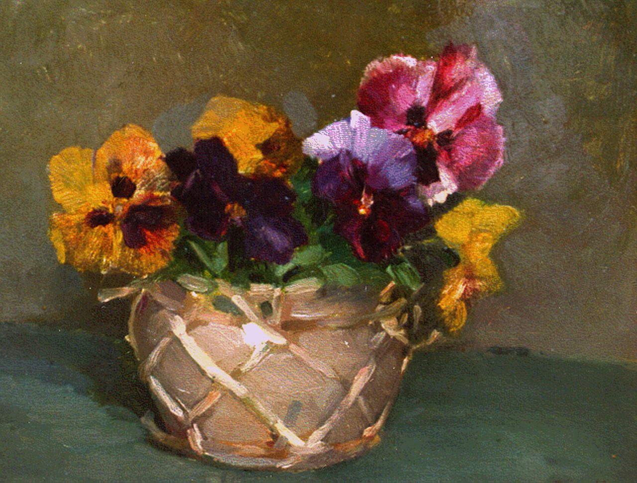 Beek S.J. van | Samuel Joseph 'Sam' van Beek, Bloemstilleven met violen, 19,0 x 24,3 cm, gesigneerd rechtsonder