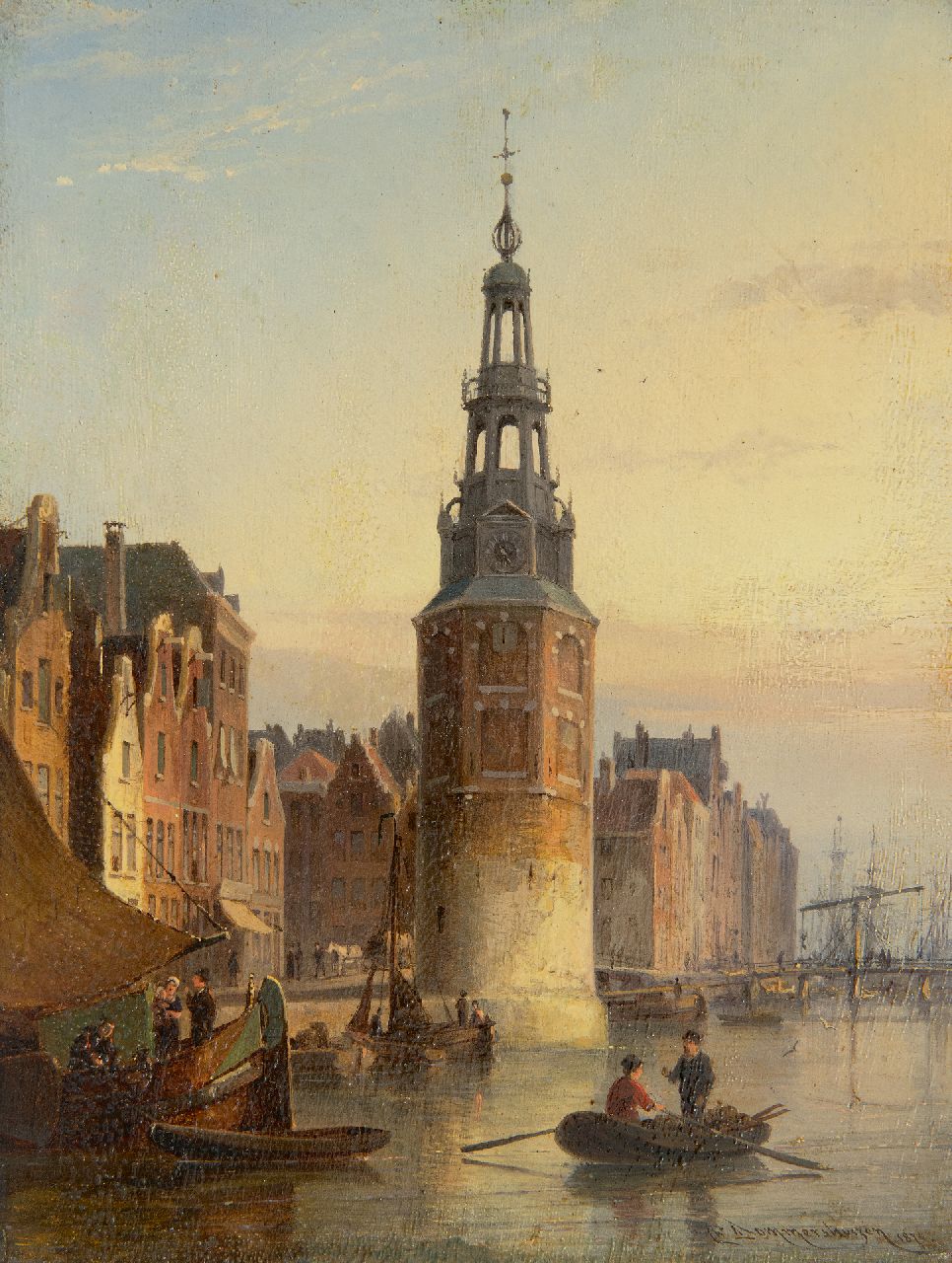 Dommelshuizen C.C.  | Cornelis Christiaan Dommelshuizen | Schilderijen te koop aangeboden | Gezicht op de Montelbaanstoren, Amsterdam, olieverf op paneel 20,9 x 15,9 cm, gesigneerd rechtsonder en gedateerd 1874