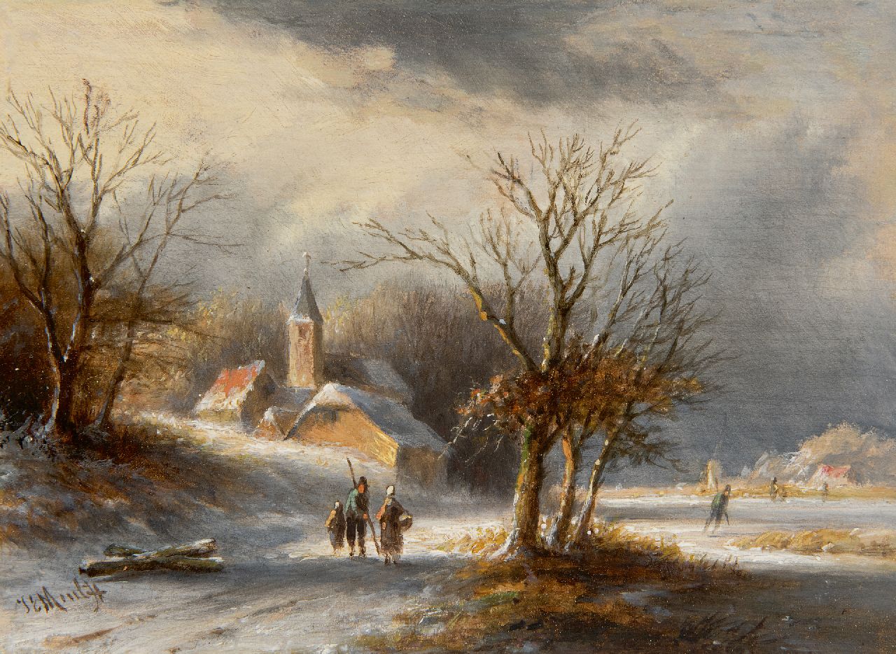 Morel II J.E. | Jan Evert Morel II | Schilderijen te koop aangeboden | Sneeuwlandschap met schaatsers en wandelaars, olieverf op paneel 16,0 x 21,5 cm, gesigneerd linksonder Morel II J.E. | Jan Evert Morel II | Schilderijen te koop aangeboden | Sneeuwlandschap met schaatsers en wandelaars, olieverf op paneel 16,0 x 21,5 cm, gesigneerd linksonder