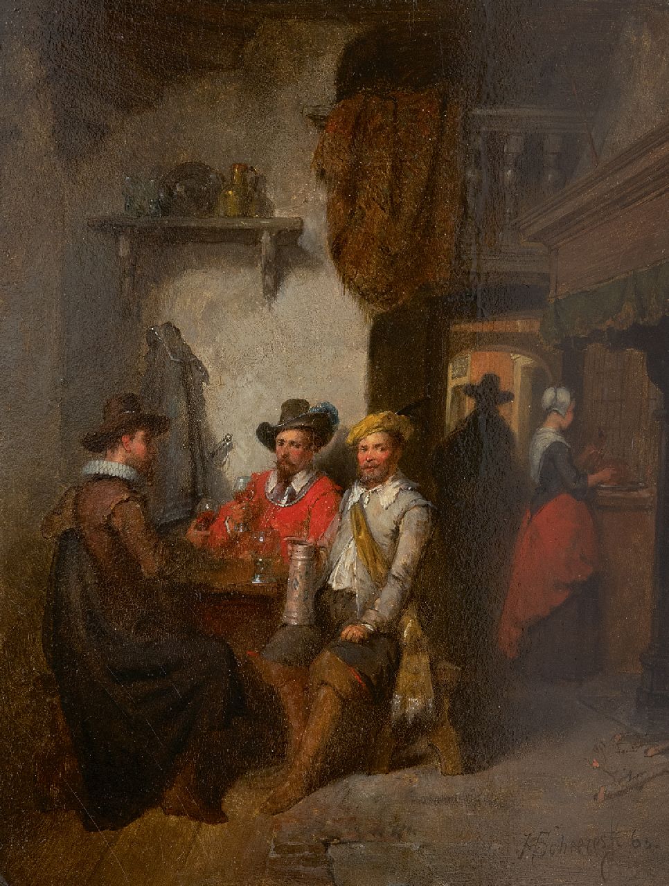 Scheeres H.J.  | Hendricus Johannes Scheeres | Schilderijen te koop aangeboden | Drinkend gezelschap in een herberg, olieverf op paneel 23,0 x 18,2 cm, gesigneerd rechtsonder en gedateerd '63