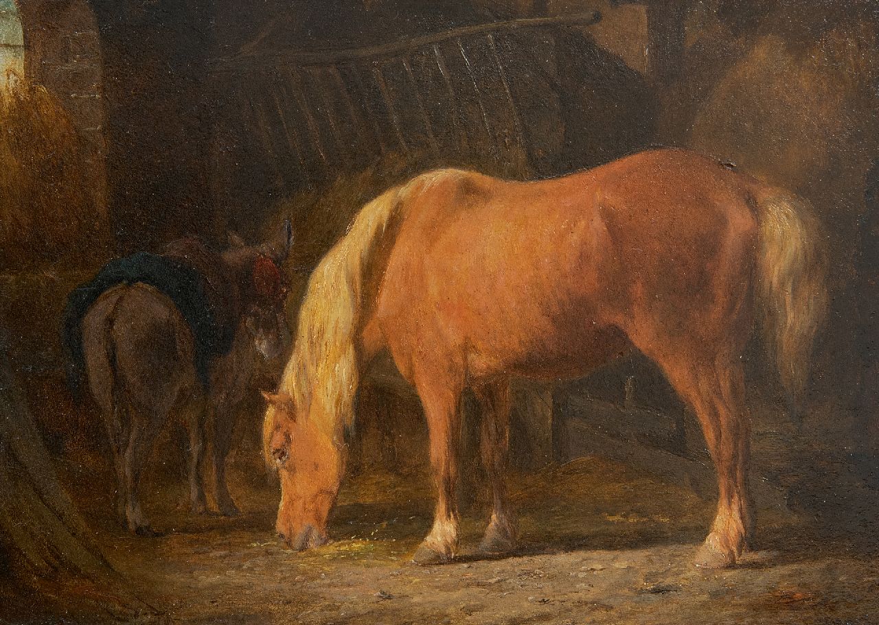 Os P.F. van | Pieter Frederik van Os | Schilderijen te koop aangeboden | Paard en ezel op stal, olieverf op paneel 16,3 x 22,4 cm, gesigneerd linksonder Os P.F. van | Pieter Frederik van Os | Schilderijen te koop aangeboden | Paard en ezel op stal, olieverf op paneel 16,3 x 22,4 cm, gesigneerd linksonder