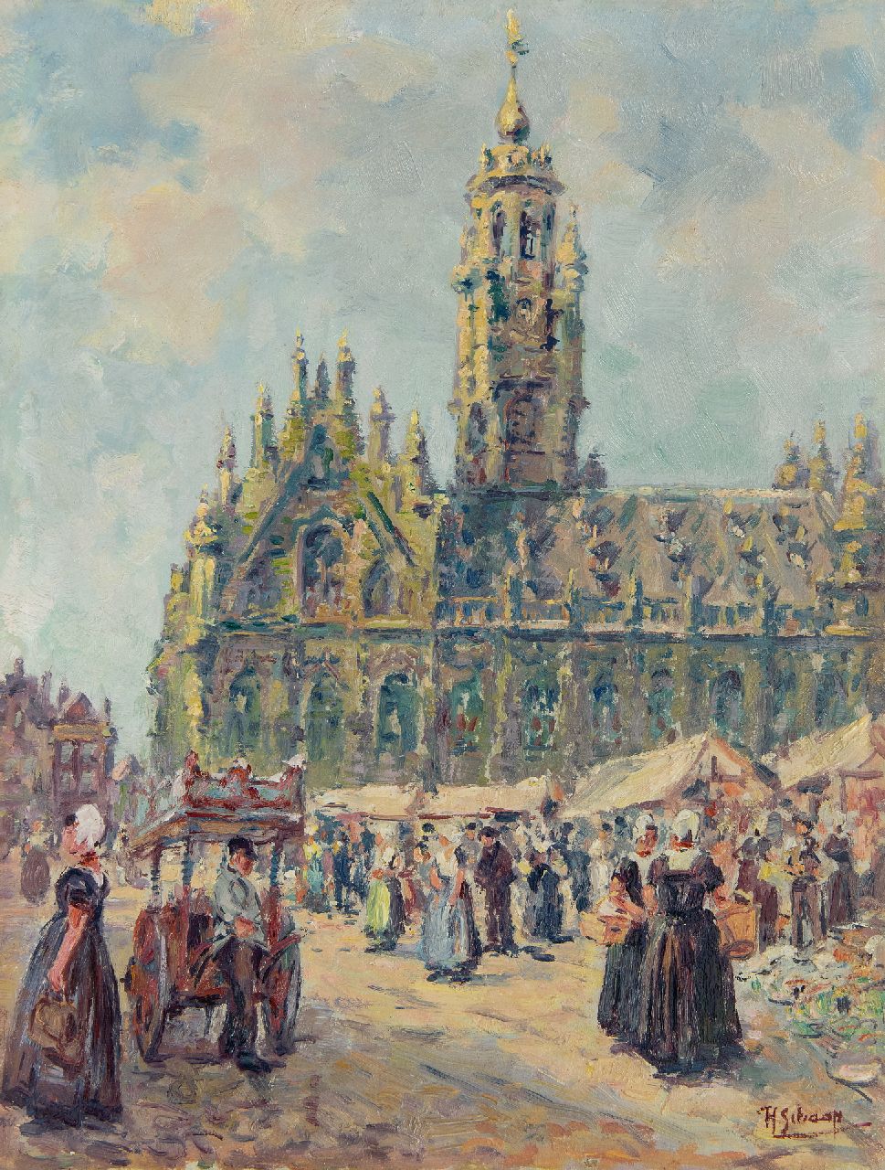 Schaap H. | Hendrik Schaap | Schilderijen te koop aangeboden | Markt bij het stadhuis van Middelburg, olieverf op schildersboard 40,7 x 30,8 cm, gesigneerd rechtsonder Schaap H. | Hendrik Schaap | Schilderijen te koop aangeboden | Markt bij het stadhuis van Middelburg, olieverf op schildersboard 40,7 x 30,8 cm, gesigneerd rechtsonder