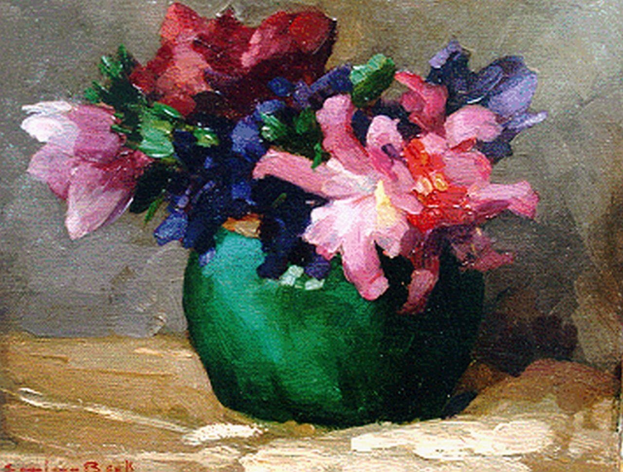 Beek S.J. van | Samuel Joseph 'Sam' van Beek, Bloemstilleven in gemberpot, olieverf op doek op paneel 18,4 x 24,0 cm, gesigneerd linksonder