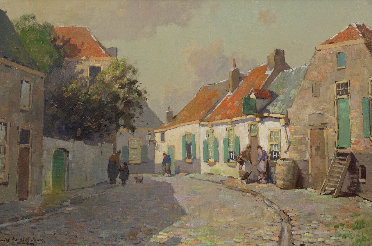 Knikker jr. J.S.  | 'Jan' Simon  Knikker jr. | Schilderijen te koop aangeboden | Zonnig dorpsgezicht met figuren, olieverf op doek 40,7 x 60,5 cm, gesigneerd linksonder