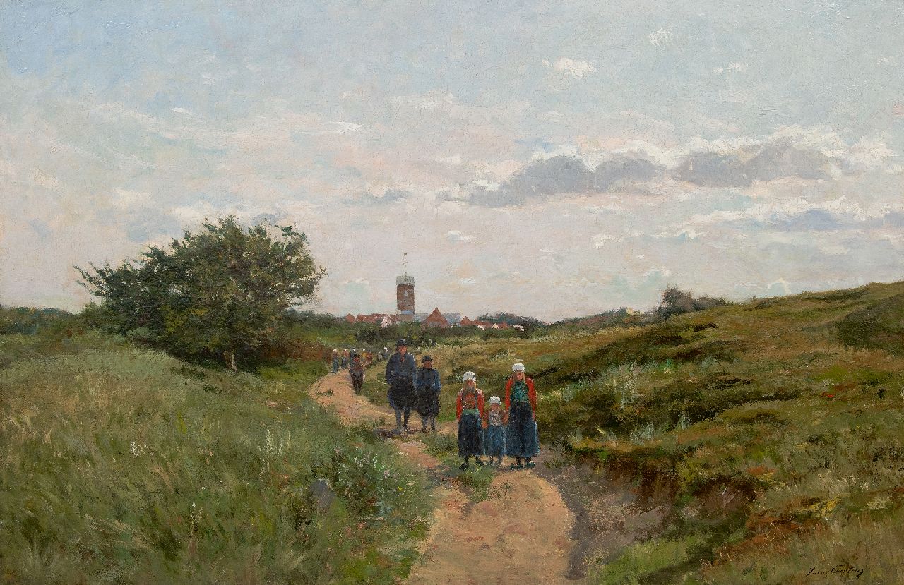 Courtens F.  | Franz Courtens | Schilderijen te koop aangeboden | Gezicht op het eiland Marken met kerkgangers op weg naar huis, olieverf op doek 88,4 x 136,3 cm, gesigneerd rechtsonder