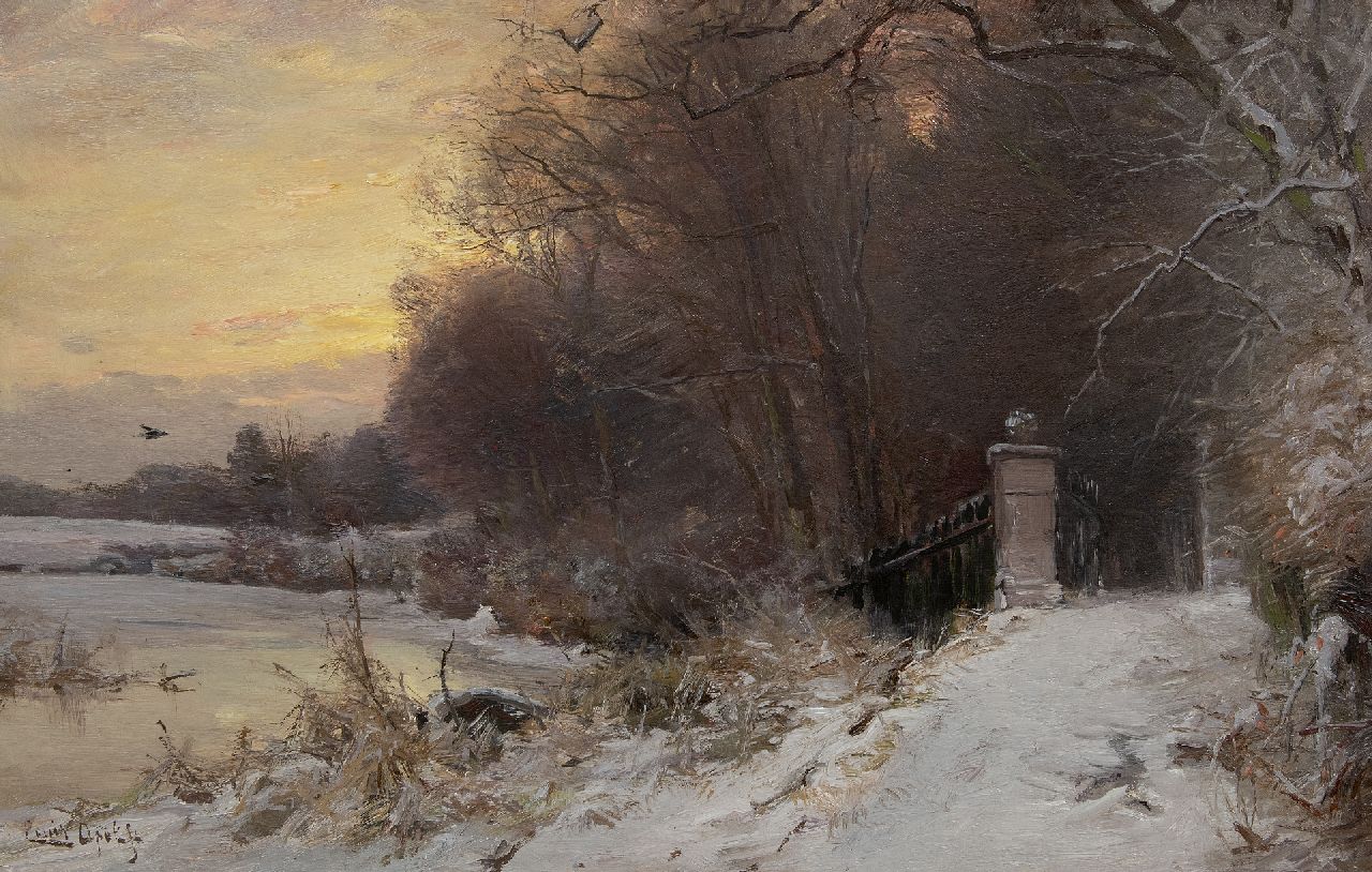 Apol L.F.H.  | Lodewijk Franciscus Hendrik 'Louis' Apol, Sneeuwlandschap bij een toegangspoort bij Haagse Bosch, olieverf op doek 45,5 x 70,3 cm, gesigneerd linksonder