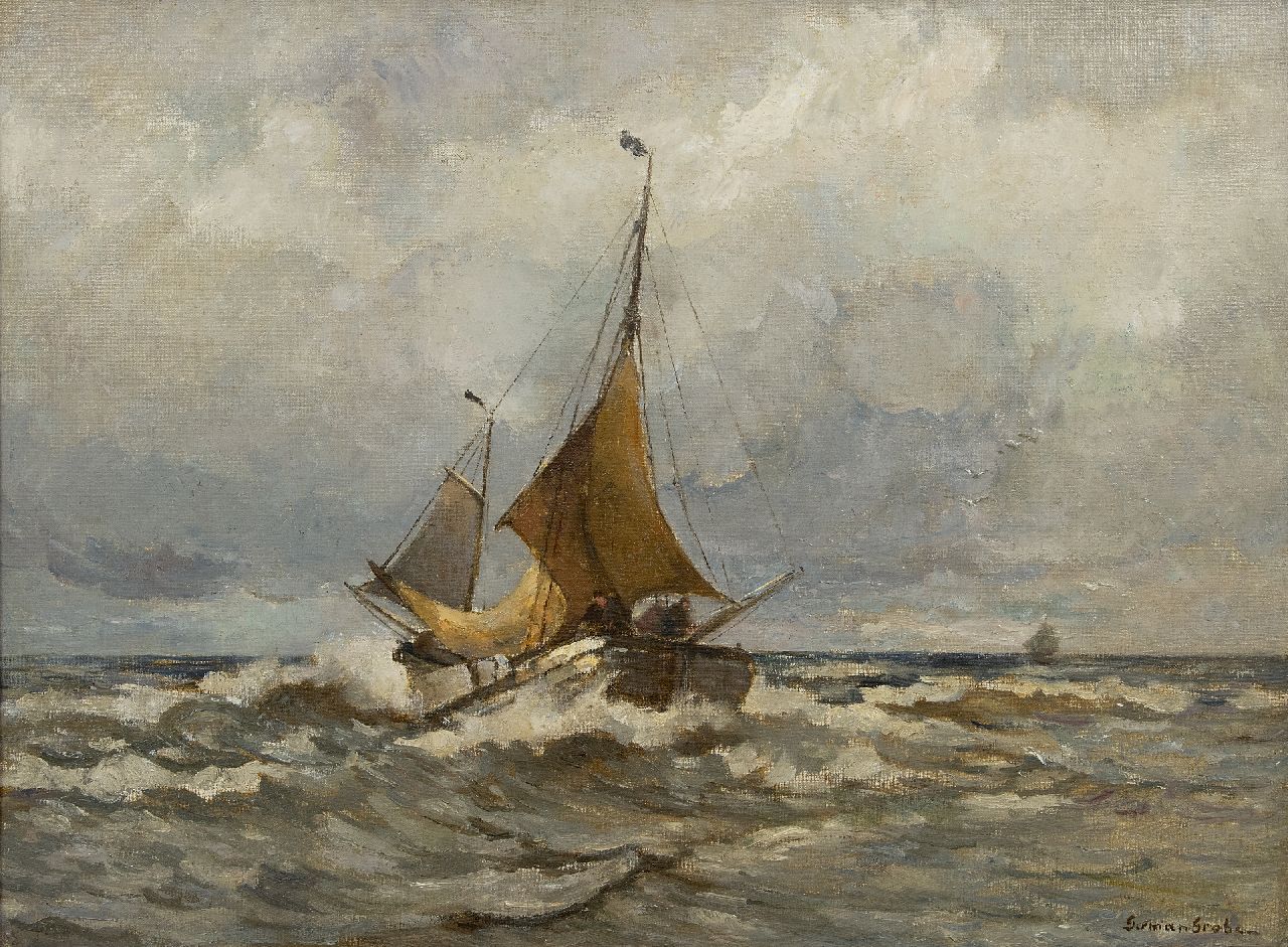 Grobe P.G. | Philipp 'German' Grobe, Terugkerende bomschuit, olieverf op doek 60,3 x 80,0 cm, gesigneerd rechtsonder Grobe P.G. | Philipp 'German' Grobe, Terugkerende bomschuit, olieverf op doek 60,3 x 80,0 cm, gesigneerd rechtsonder