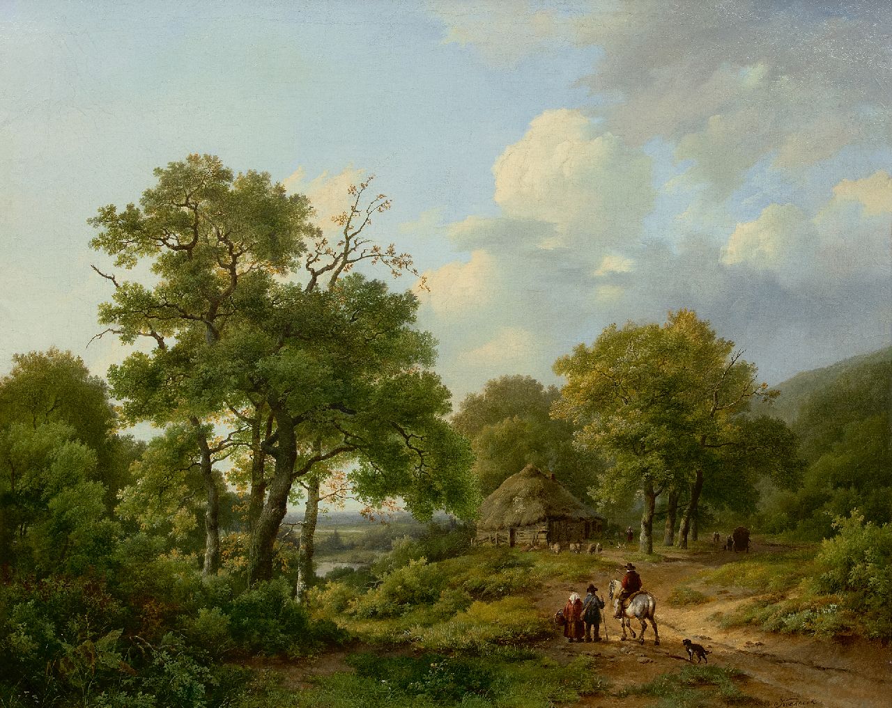 Koekkoek I M.A.  | Marinus Adrianus Koekkoek I, Boslandschap met landvolk en ruiter, olieverf op doek 70,0 x 84,0 cm, gesigneerd rechtsonder
