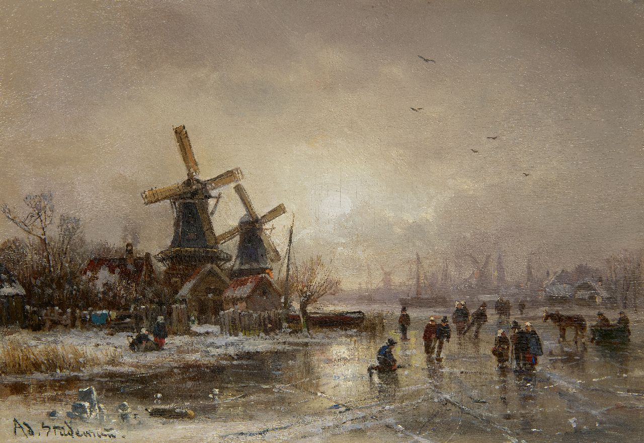 Stademann A. | Adolf Stademann | Schilderijen te koop aangeboden | Winterpret op het ijs, olieverf op paneel 28,1 x 39,9 cm, gesigneerd linksonder Stademann A. | Adolf Stademann | Schilderijen te koop aangeboden | Winterpret op het ijs, olieverf op paneel 28,1 x 39,9 cm, gesigneerd linksonder