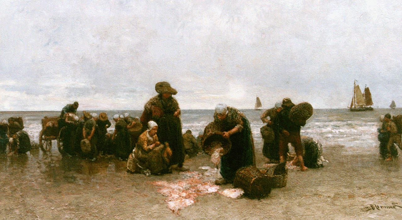 Blommers B.J.  | Bernardus Johannes 'Bernard' Blommers, Visverkoop op het strand van Katwijk, olieverf op doek 72,2 x 122,5 cm, gesigneerd rechtsonder