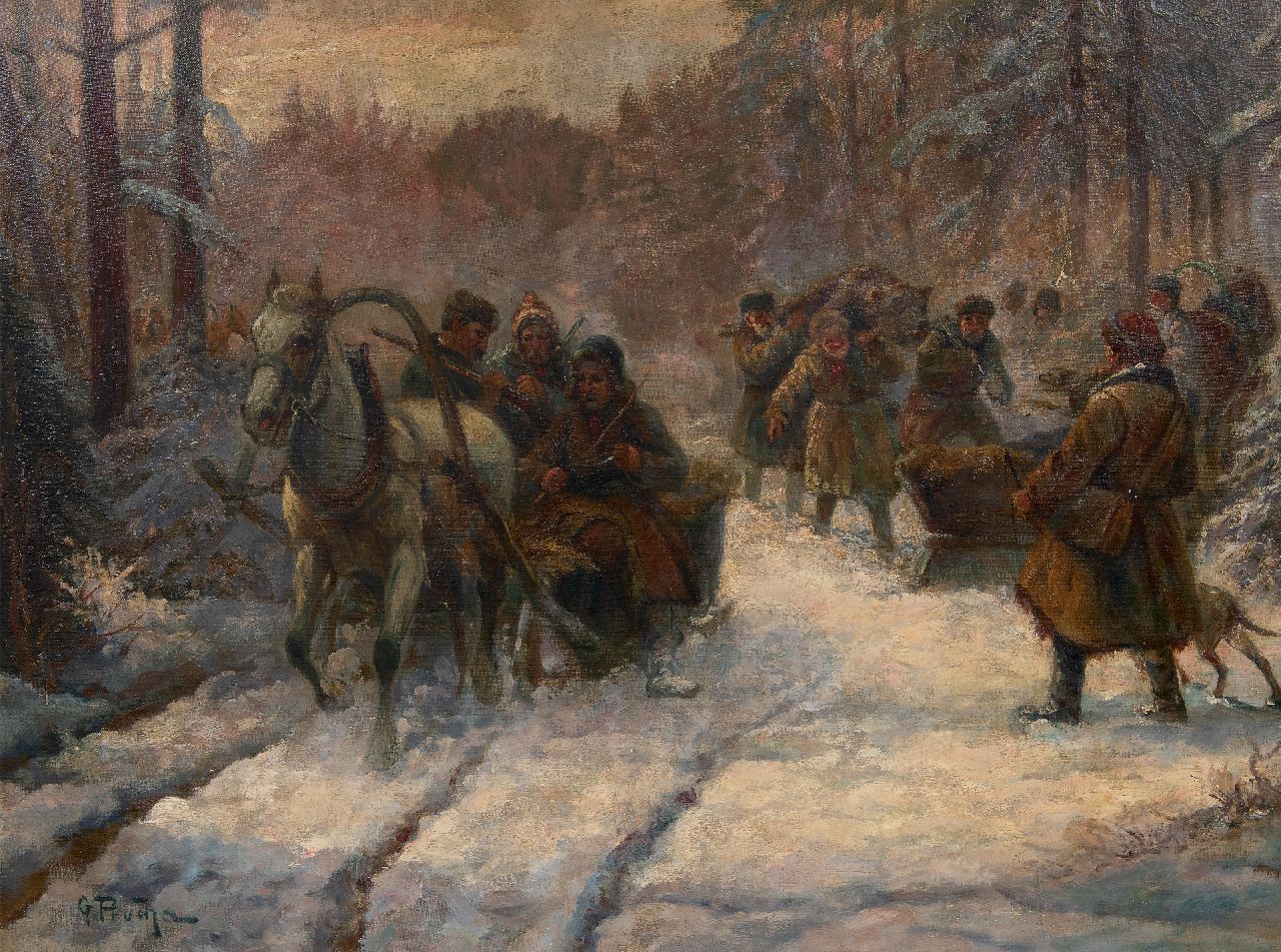 Prucha G.  | Gustav Prucha | Schilderijen te koop aangeboden | Terugkeer van de berenjacht, olieverf op doek 60,2 x 80,3 cm, gesigneerd linksonder en zonder lijst