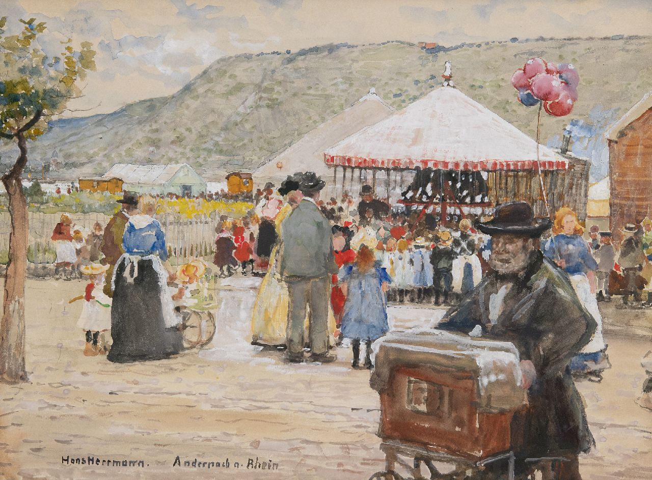 Hermann H.E.R. | Hans Emil Rudolf Hermann | Aquarellen en tekeningen te koop aangeboden | Jaarmarkt in Andernach aan de Rijn, aquarel en gouache op papier 26,8 x 36,3 cm, gesigneerd linksonder Hermann H.E.R. | Hans Emil Rudolf Hermann | Aquarellen en tekeningen te koop aangeboden | Jaarmarkt in Andernach aan de Rijn, aquarel en gouache op papier 26,8 x 36,3 cm, gesigneerd linksonder