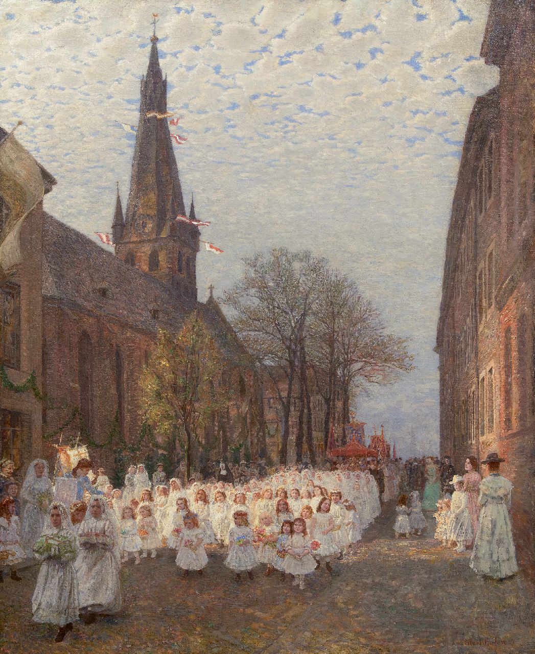 Ritzenhofen H.  | Hubert Ritzenhofen | Schilderijen te koop aangeboden | Processie bij de Sint-Lambertuskerk in Düsseldorf, olieverf op doek 116,9 x 96,0 cm, gesigneerd rechtsonder en verso op etiket en gedateerd '09