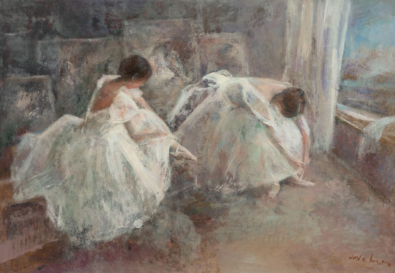 Vrbová-Štefková M. | Miroslava Vrbová-Štefková | Schilderijen te koop aangeboden | Ballerina's in een atelier, olieverf op board 45,0 x 65,0 cm, gesigneerd rechtsonder (onduidelijk) en zonder lijst Vrbová-Štefková M. | Miroslava Vrbová-Štefková | Schilderijen te koop aangeboden | Ballerina's in een atelier, olieverf op board 45,0 x 65,0 cm, gesigneerd rechtsonder (onduidelijk) en zonder lijst