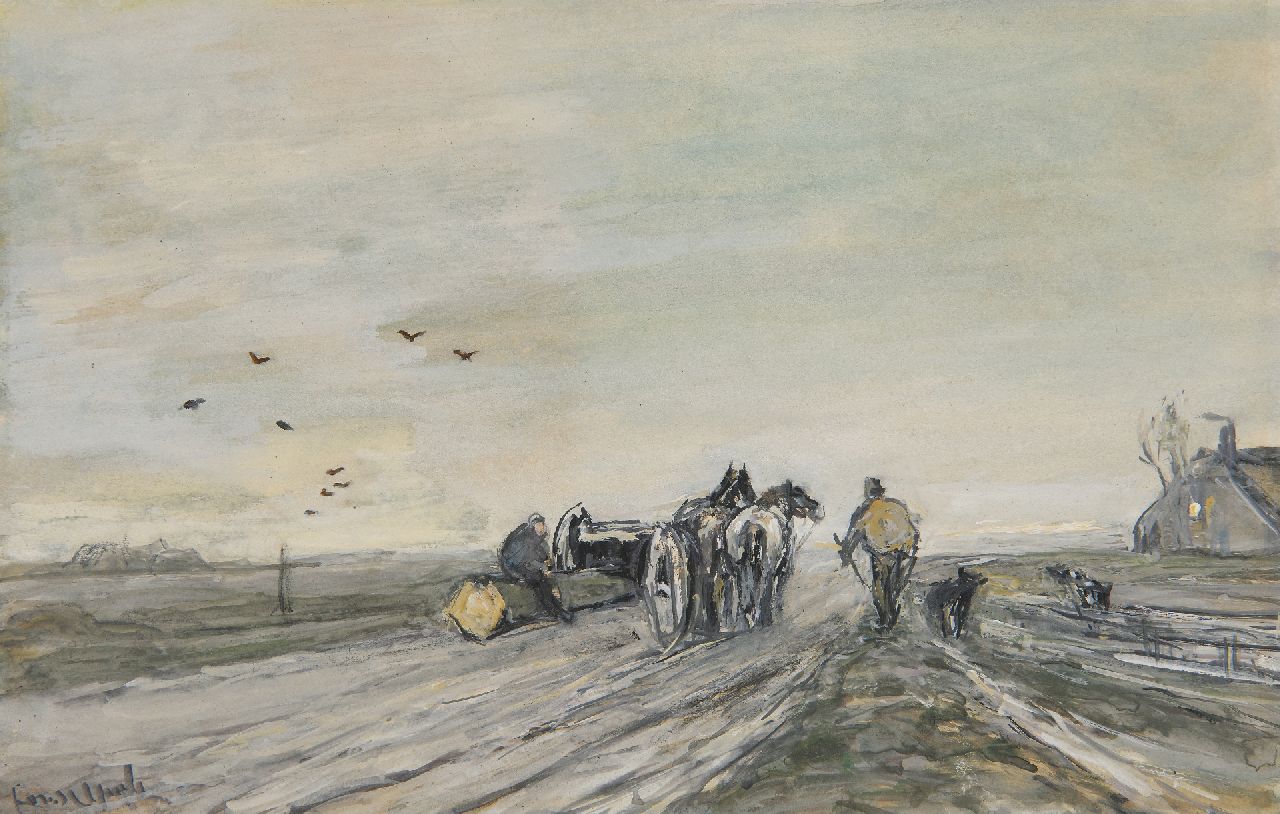 Apol L.F.H. | Lodewijk Franciscus Hendrik 'Louis' Apol | Aquarellen en tekeningen te koop aangeboden | Winterlandschap met een mallejan, aquarel en gouache op papier 15,7 x 24,7 cm, gesigneerd linksonder Apol L.F.H. | Lodewijk Franciscus Hendrik 'Louis' Apol | Aquarellen en tekeningen te koop aangeboden | Winterlandschap met een mallejan, aquarel en gouache op papier 15,7 x 24,7 cm, gesigneerd linksonder