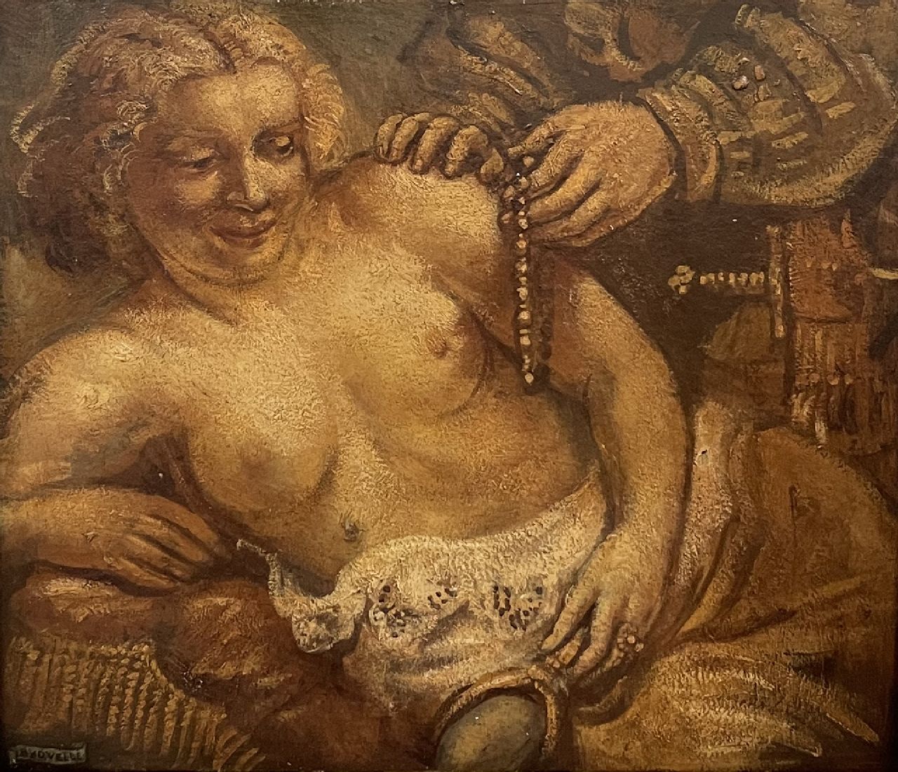 Henri van de Velde | Een verleidelijk aanbod; verso: Man met kruis, olieverf op board, 30,1 x 35,4 cm, gesigneerd l.o. Henri van de Velde | Een verleidelijk aanbod; verso: Man met kruis, olieverf op board, 30,1 x 35,4 cm, gesigneerd l.o.