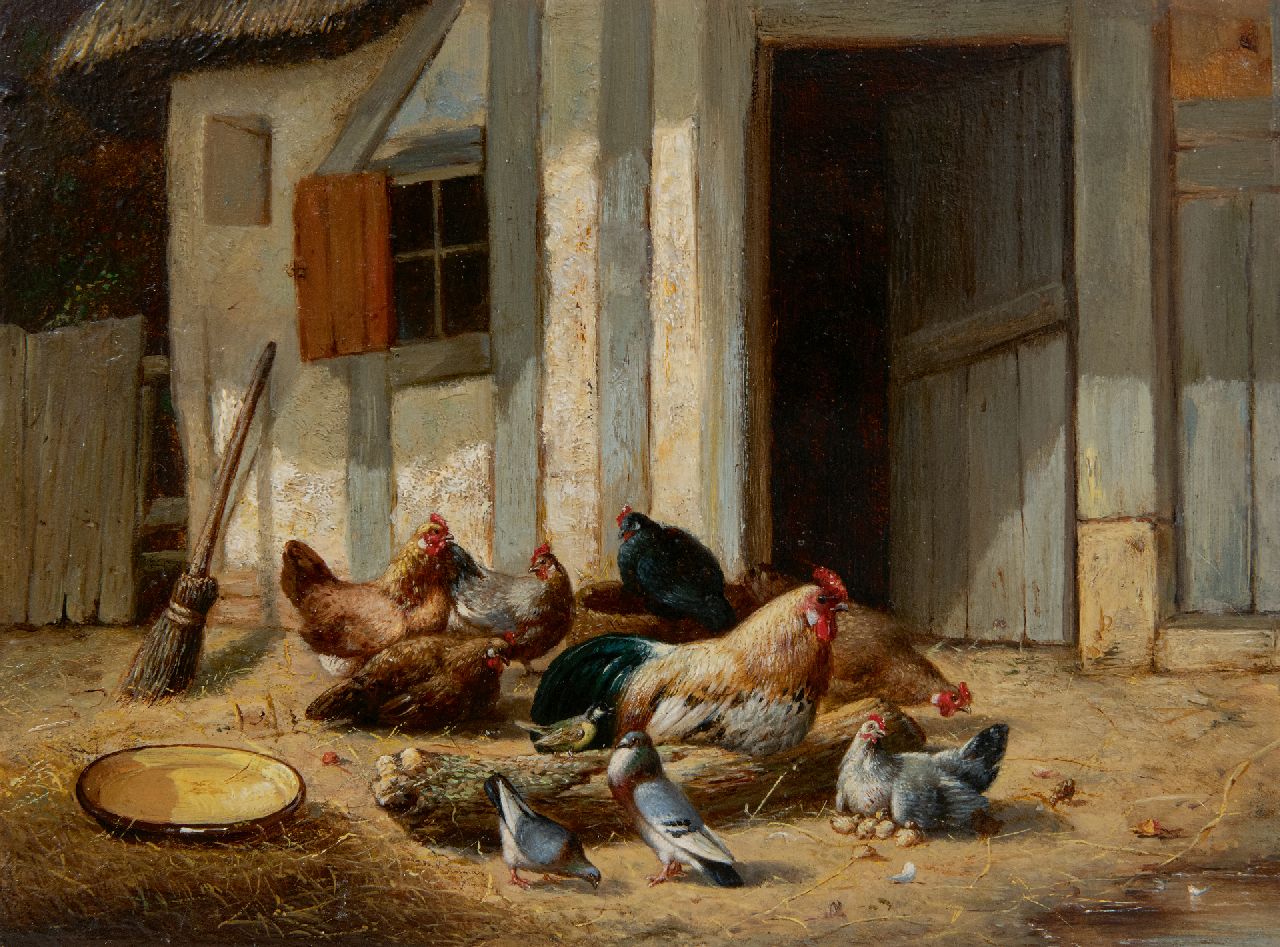 Maes E.R.  | Eugène Remy Maes, Haan en kippen op het boerenerf, olieverf op paneel 17,8 x 24,0 cm, 1860