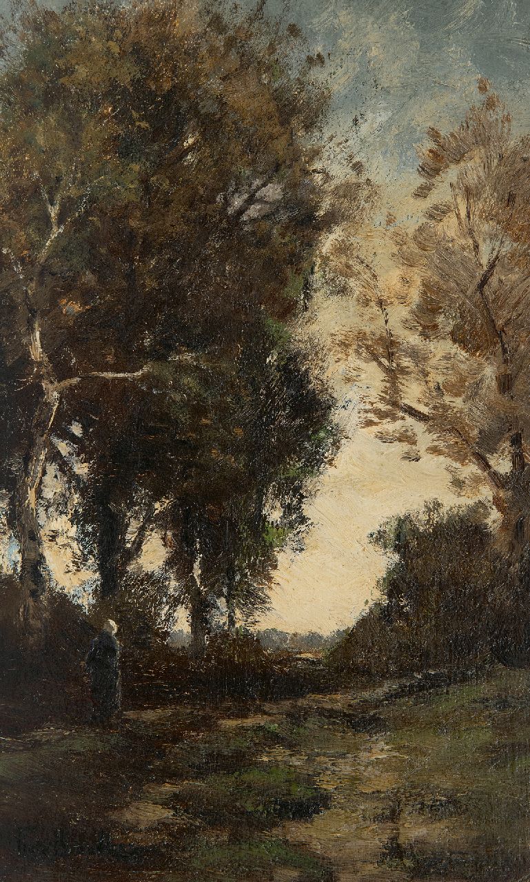 Bock T.E.A. de | Théophile Emile Achille de Bock, Boerenvrouw op een bebost pad, olieverf op paneel 32,9 x 20,5 cm, gesigneerd linksonder Bock T.E.A. de | Théophile Emile Achille de Bock, Boerenvrouw op een bebost pad, olieverf op paneel 32,9 x 20,5 cm, gesigneerd linksonder