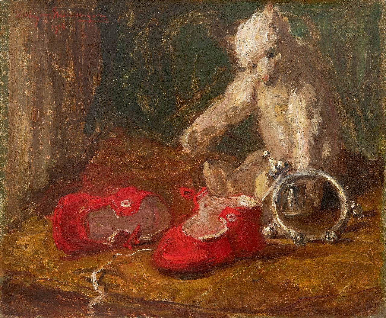 Nieuwenhoven W. van | Willem van Nieuwenhoven | Schilderijen te koop aangeboden | Stilleven met beer, rammelaar en rode schoentjes, olieverf op doek 30,0 x 35,9 cm, gesigneerd linksboven en gedateerd 1914