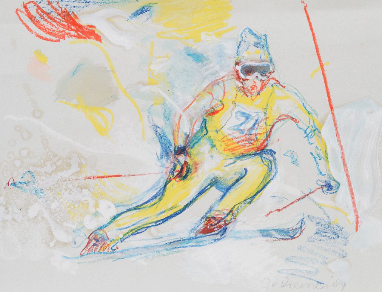 Diemen J. van | Jan van Diemen, Slalom skiër, gouache en krijt op papier 50,0 x 65,0 cm, gesigneerd rechtsonder en gedateerd '84 Diemen J. van | Jan van Diemen, Slalom skiër, gouache en krijt op papier 50,0 x 65,0 cm, gesigneerd rechtsonder en gedateerd '84