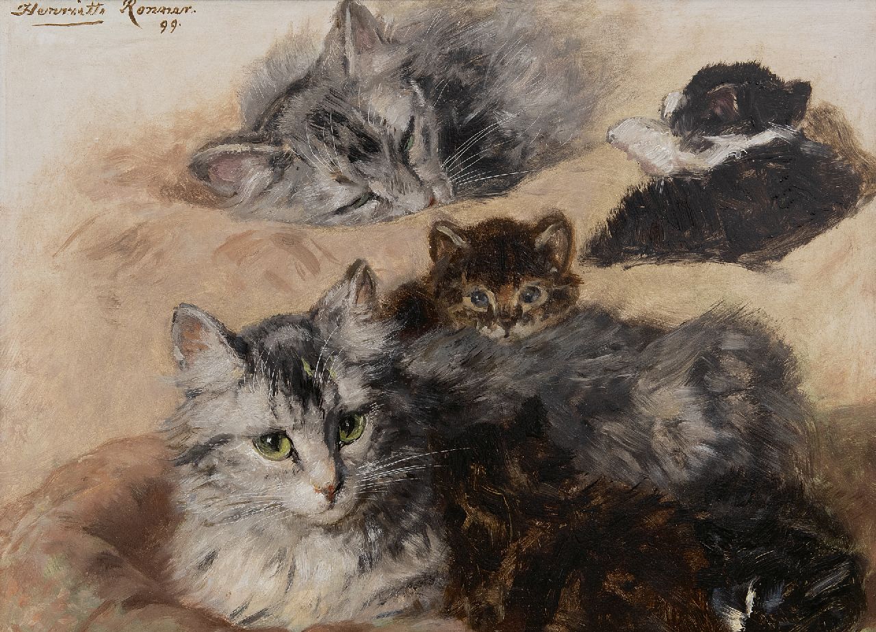 Ronner-Knip H. | Henriette Ronner-Knip, Studie van poes en kittens, olieverf op paneel 27,7 x 37,4 cm, gesigneerd linksboven en gedateerd '99 Ronner-Knip H. | Henriette Ronner-Knip, Studie van poes en kittens, olieverf op paneel 27,7 x 37,4 cm, gesigneerd linksboven en gedateerd '99