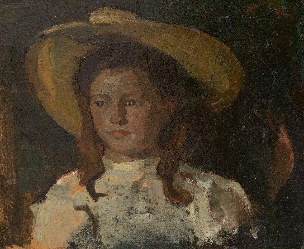 Fritzlin M.C.L. | Maria Charlotta 'Louise' Fritzlin | Schilderijen te koop aangeboden | Fokeltje met gele hoed, olieverf op board op paneel 31,7 x 36,7 cm, te dateren 1908 Fritzlin M.C.L. | Maria Charlotta 'Louise' Fritzlin | Schilderijen te koop aangeboden | Fokeltje met gele hoed, olieverf op board op paneel 31,7 x 36,7 cm, te dateren 1908
