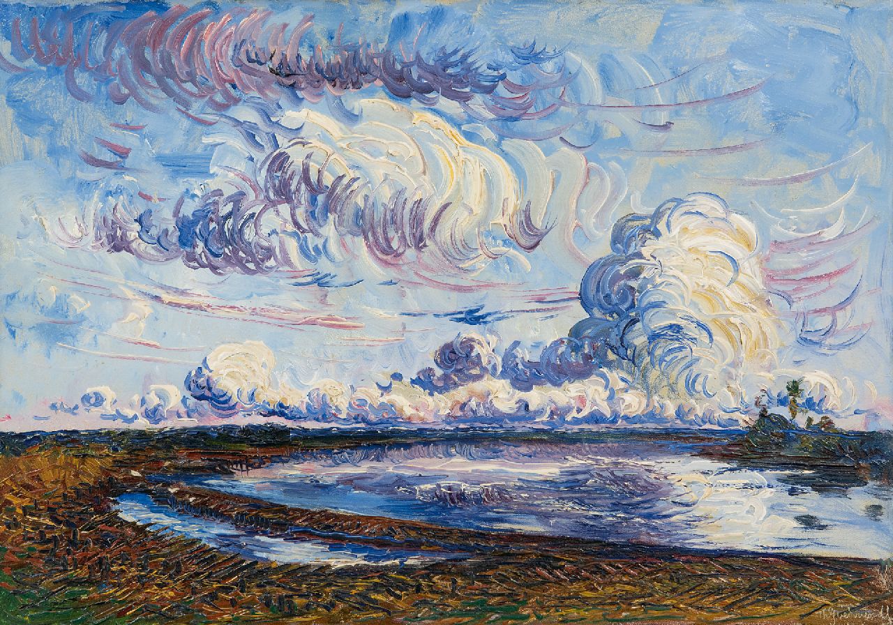 Goedvriend Th.F. | Theodoor Franciscus 'Theo' Goedvriend, Wolken boven polderlandschap, olieverf op schildersboard 25,5 x 36,3 cm, gesigneerd rechtsonder Goedvriend Th.F. | Theodoor Franciscus 'Theo' Goedvriend, Wolken boven polderlandschap, olieverf op schildersboard 25,5 x 36,3 cm, gesigneerd rechtsonder