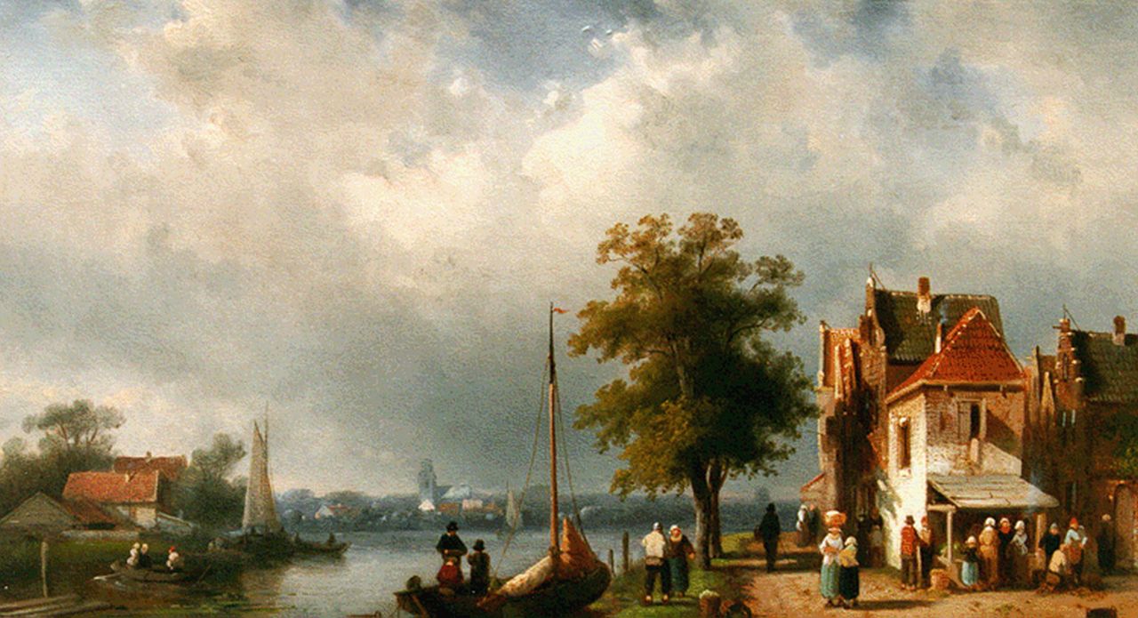 Leickert C.H.J.  | 'Charles' Henri Joseph Leickert, Bedrijvigheid langs de rivieroever, olieverf op paneel 24,7 x 40,0 cm, gesigneerd rechtsonder en gedateerd 1864