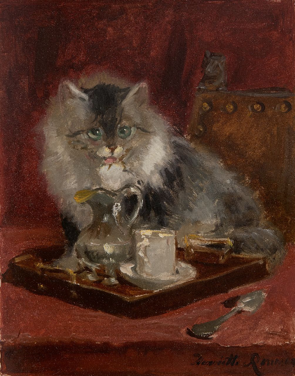 Ronner-Knip H. | Henriette Ronner-Knip, Poes bij dienblad met kan en kopje, olieverf op schildersboard 31,9 x 25,6 cm, gesigneerd rechtsonder Ronner-Knip H. | Henriette Ronner-Knip, Poes bij dienblad met kan en kopje, olieverf op schildersboard 31,9 x 25,6 cm, gesigneerd rechtsonder