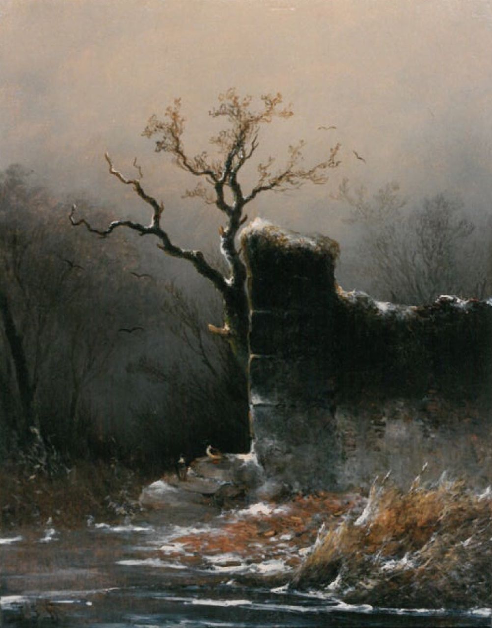 Hoppenbrouwers J.F. | Johannes Franciscus Hoppenbrouwers, Winterlandschap met ruine, olieverf op paneel 27,3 x 21,5 cm, gesigneerd linksonder mon Hoppenbrouwers J.F. | Johannes Franciscus Hoppenbrouwers, Winterlandschap met ruine, olieverf op paneel 27,3 x 21,5 cm, gesigneerd linksonder mon