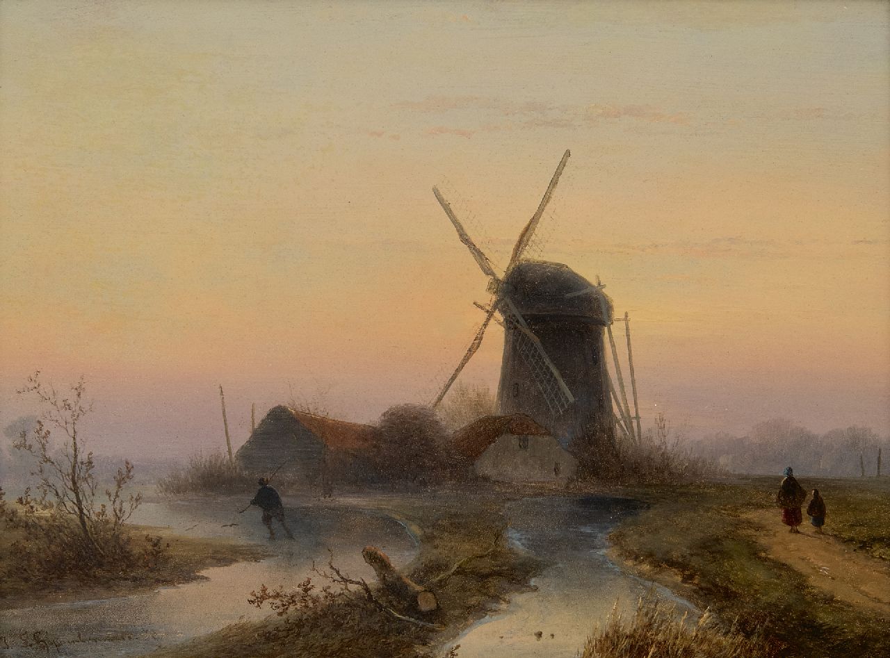 Hoppenbrouwers J.F. | Johannes Franciscus Hoppenbrouwers, Molens aan een bevroren vaart, olieverf op paneel 24,0 x 32,1 cm, gesigneerd linksonder Hoppenbrouwers J.F. | Johannes Franciscus Hoppenbrouwers, Molens aan een bevroren vaart, olieverf op paneel 24,0 x 32,1 cm, gesigneerd linksonder