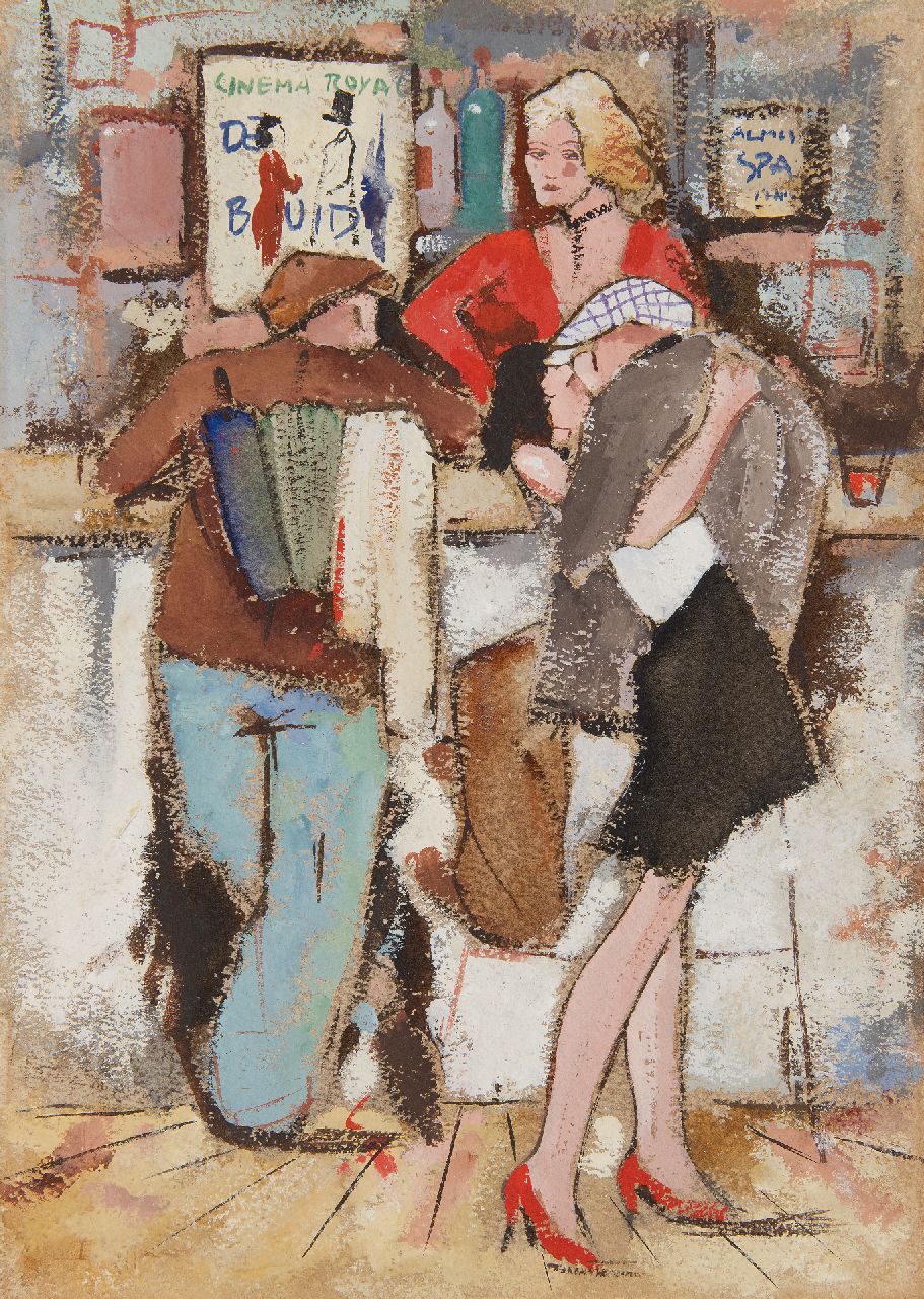 Rijlaarsdam J.  | Jan Rijlaarsdam | Aquarellen en tekeningen te koop aangeboden | Aan de bar, gouache op papier 33,1 x 24,1 cm, gesigneerd linksonder (vaag)
