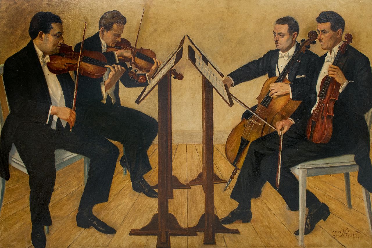 Vrint G.C. | Gerrit Christiaan 'Gerard' Vrint, Het Haagsch Strijkkwartet met Sam Swaap, Adolf Poth, Charles van Isterdaal en Jean Devert, olieverf op doek 141,0 x 210,0 cm, gesigneerd rechtsonder en te dateren ca. 1938 Vrint G.C. | Gerrit Christiaan 'Gerard' Vrint, Het Haagsch Strijkkwartet met Sam Swaap, Adolf Poth, Charles van Isterdaal en Jean Devert, olieverf op doek 141,0 x 210,0 cm, gesigneerd rechtsonder en te dateren ca. 1938