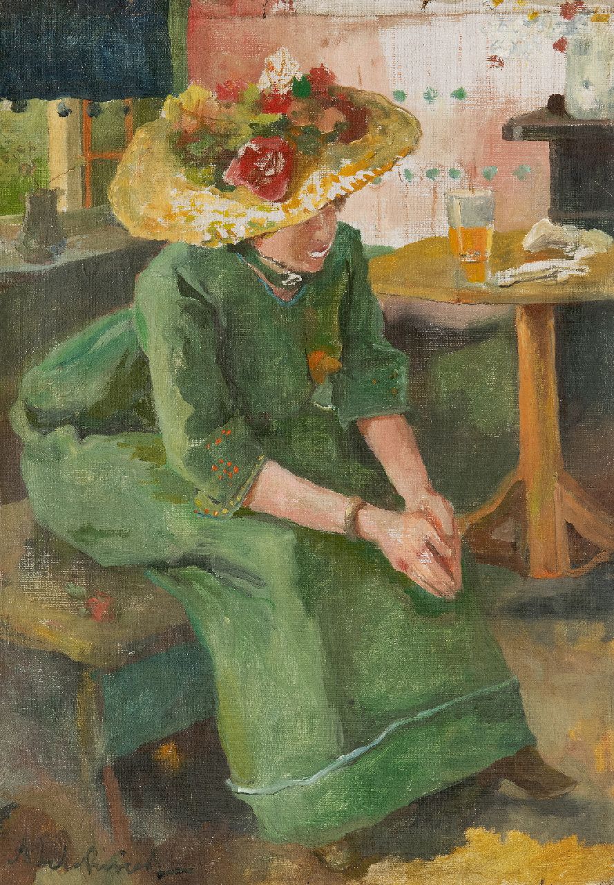 Rivière A.P. de la | Adrianus Philippus 'Adriaan' de la Rivière, Vrouw in groene jurk, olieverf op doek 40,3 x 28,3 cm, gesigneerd linksonder Rivière A.P. de la | Adrianus Philippus 'Adriaan' de la Rivière, Vrouw in groene jurk, olieverf op doek 40,3 x 28,3 cm, gesigneerd linksonder