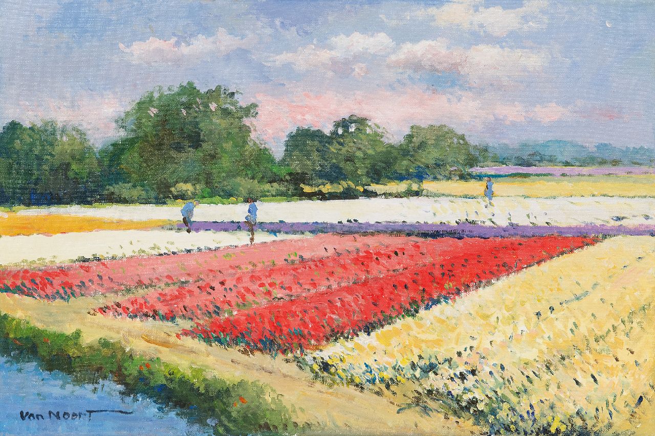 Noort A.C. van | Adrianus Cornelis van Noort, Mannen aan het werk in de bollenvelden, olieverf op doek 40,3 x 60,3 cm, gesigneerd linksonder