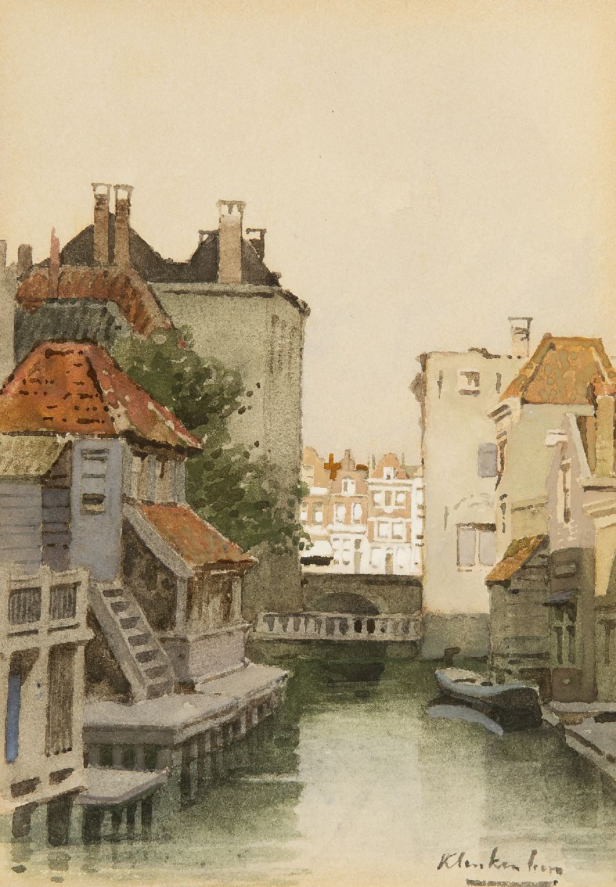 Klinkenberg J.C.K.  | Johannes Christiaan Karel Klinkenberg | Aquarellen en tekeningen te koop aangeboden | Stadsgrachtje, vermoedelijk Rotterdam, aquarel op papier 24,5 x 17,4 cm, gesigneerd rechtsonder