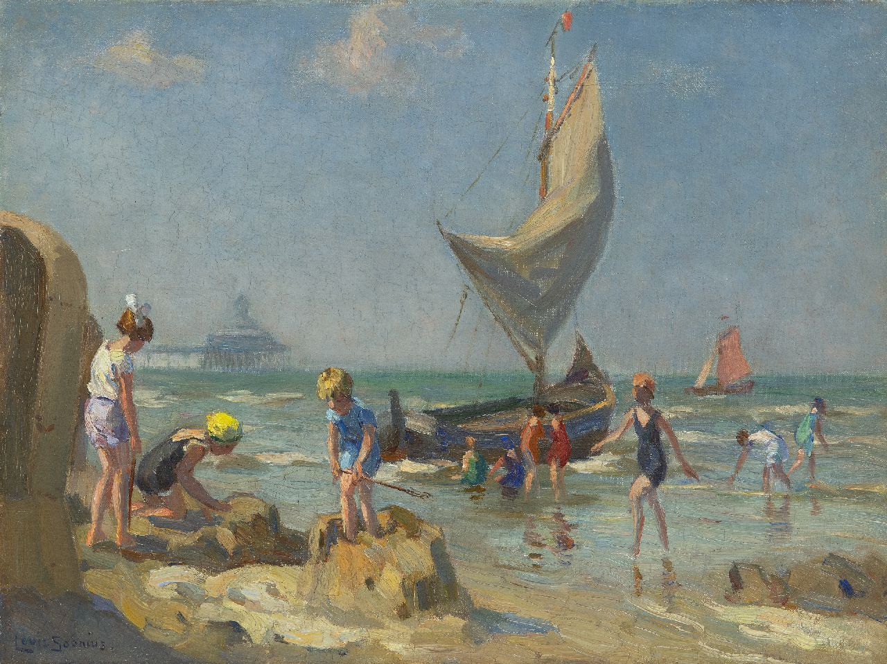 Soonius L. | Lodewijk 'Louis' Soonius, Kinderen op het strand van Scheveningen, olieverf op doek 30,2 x 40,2 cm, gesigneerd linksonder Soonius L. | Lodewijk 'Louis' Soonius, Kinderen op het strand van Scheveningen, olieverf op doek 30,2 x 40,2 cm, gesigneerd linksonder