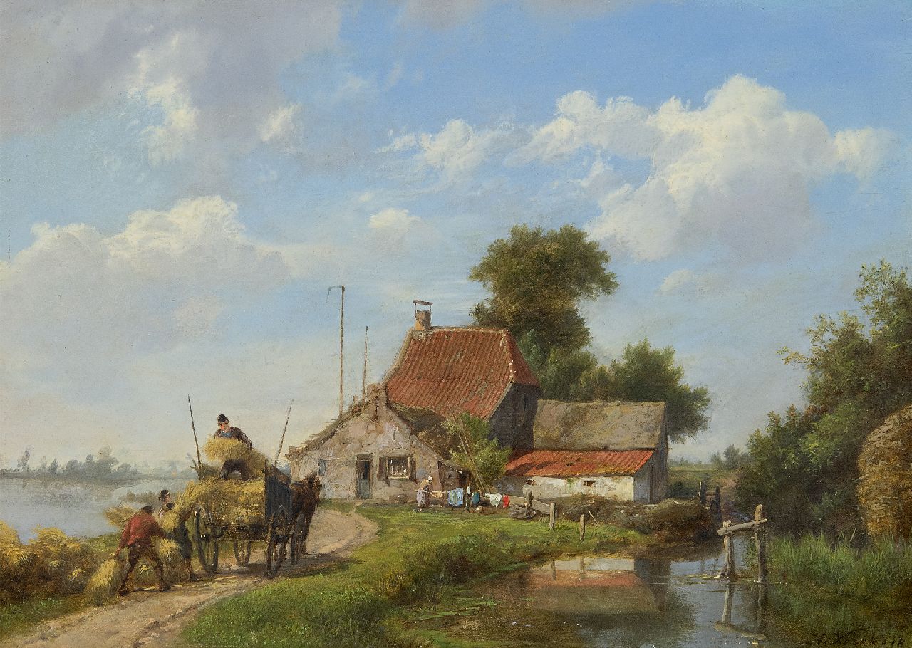 Koekkoek H. | Hermanus Koekkoek, Het opladen van de hooikar bij een boerderij, olieverf op paneel 20,0 x 27,9 cm, gesigneerd rechtsonder en VERKOCHT Koekkoek H. | Hermanus Koekkoek, Het opladen van de hooikar bij een boerderij, olieverf op paneel 20,0 x 27,9 cm, gesigneerd rechtsonder en VERKOCHT