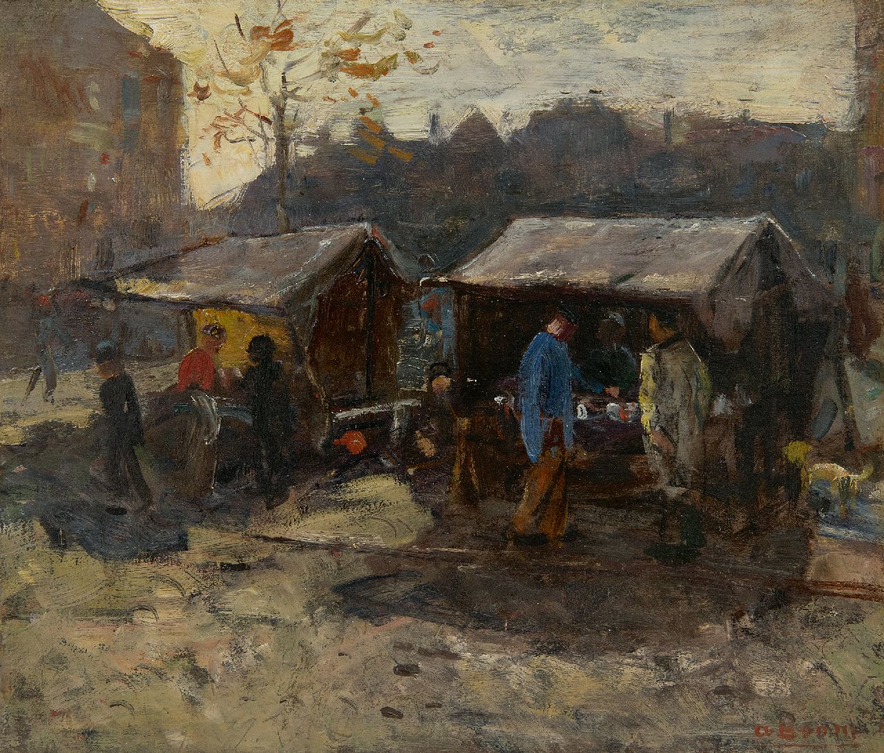 Boom K.A.A.J. | Karel Alexander August Jan 'Alex' Boom Boom, Marktkraampjes in de stad, olieverf op paneel 29,5 x 34,3 cm, gesigneerd rechtsonder Boom K.A.A.J. | Karel Alexander August Jan 'Alex' Boom Boom, Marktkraampjes in de stad, olieverf op paneel 29,5 x 34,3 cm, gesigneerd rechtsonder