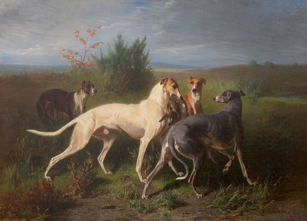 Cunaeus C. | Conradijn Cunaeus, Jachthonden met een prooi, olieverf op doek 65,2 x 90,2 cm, gesigneerd rechtsonder Cunaeus C. | Conradijn Cunaeus, Jachthonden met een prooi, olieverf op doek 65,2 x 90,2 cm, gesigneerd rechtsonder