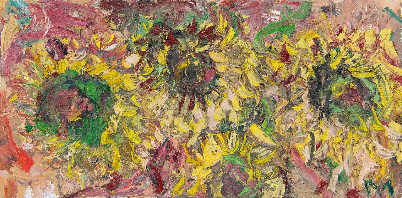Mulders M.M.M.  | Marcus Martinus Maria 'Marc' Mulders | Schilderijen te koop aangeboden | Zonnebloemen Herfst II, olieverf op doek 30,2 x 60,0 cm, gesigneerd verso en verso gedateerd sept. 97