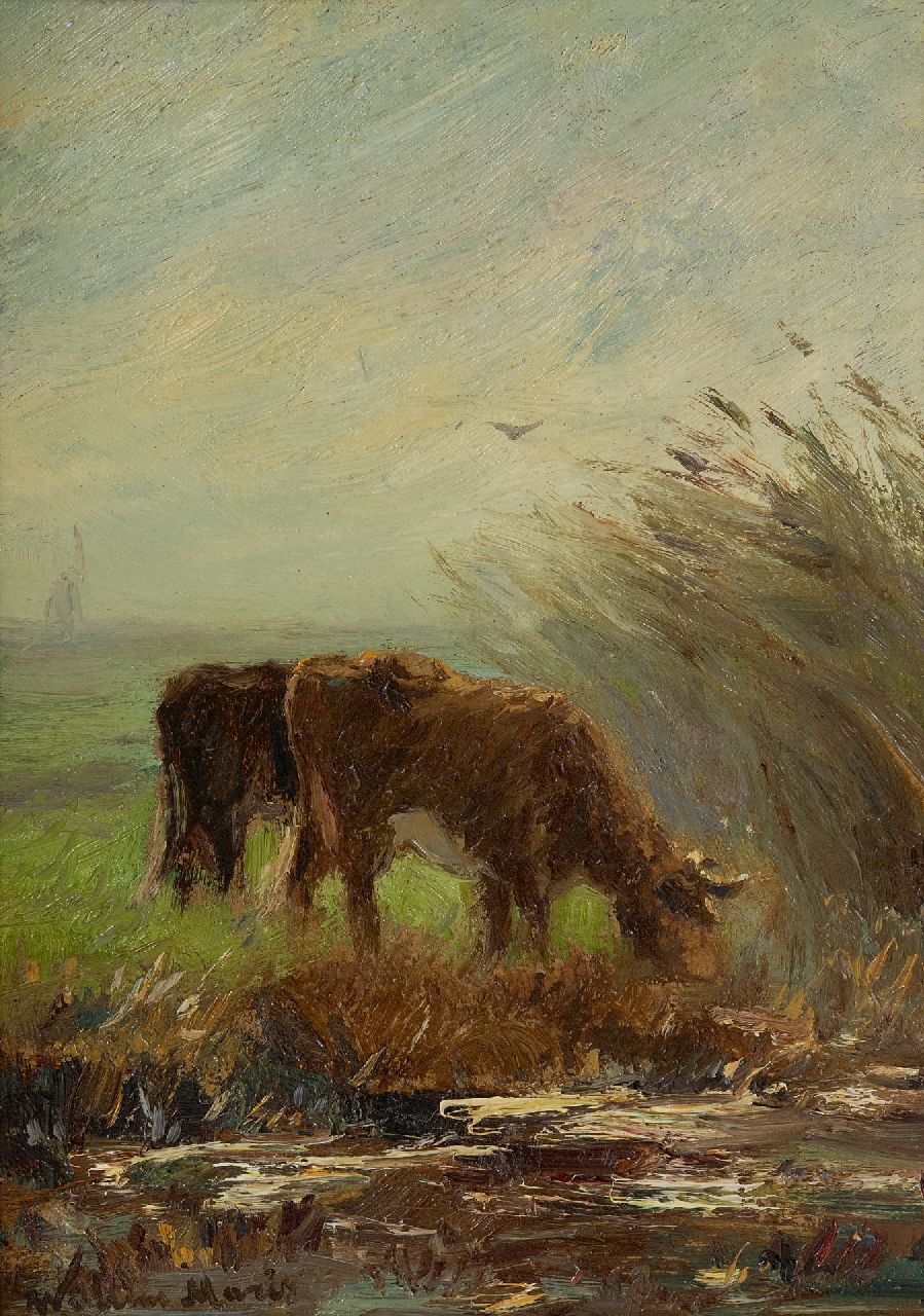 Maris W. | Willem Maris, Grazende koeien langs een sloot, olieverf op schildersboard 24,6 x 17,2 cm, gesigneerd linksonder Maris W. | Willem Maris, Grazende koeien langs een sloot, olieverf op schildersboard 24,6 x 17,2 cm, gesigneerd linksonder