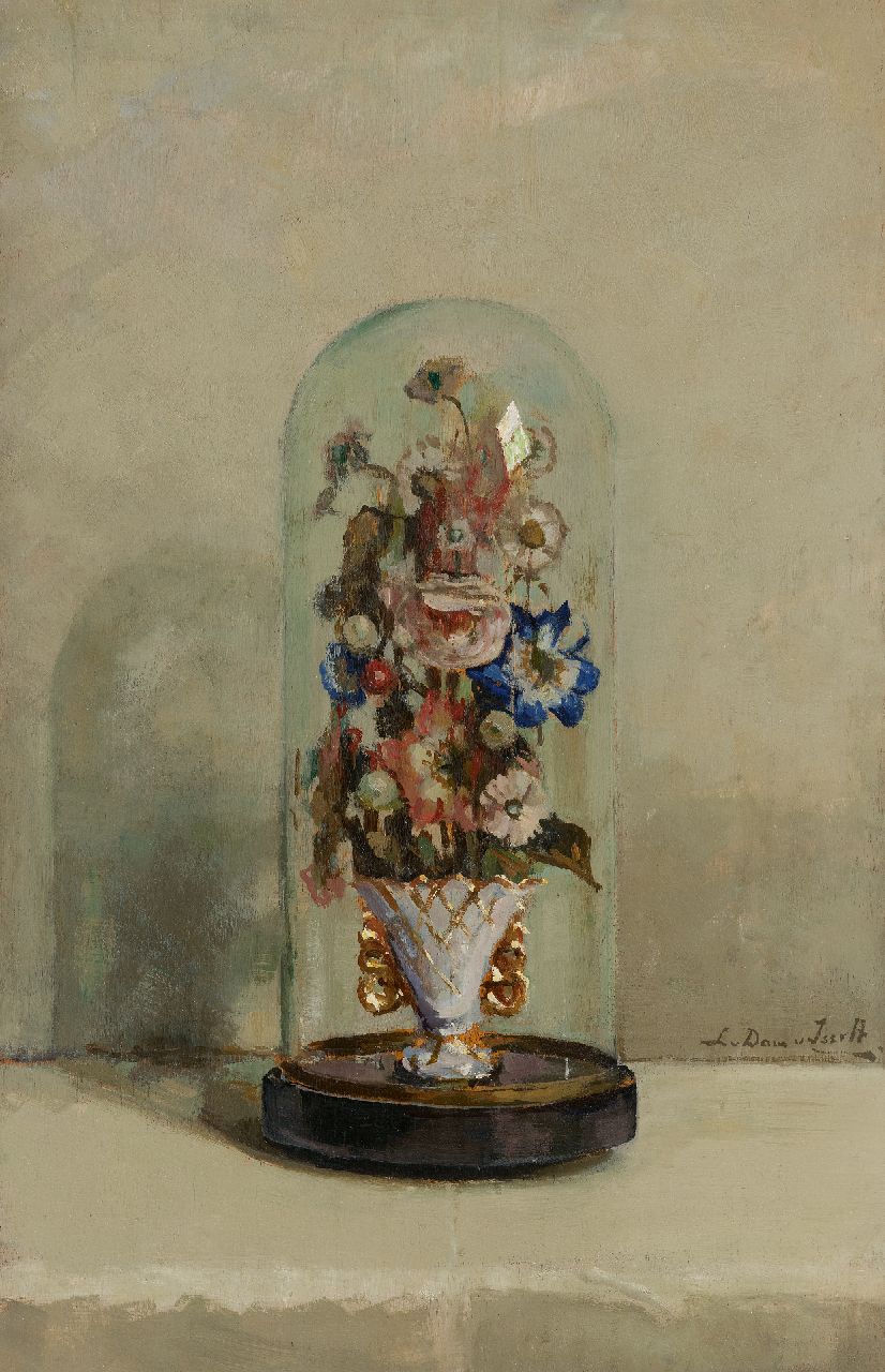 Dam van Isselt L. van | Lucie van Dam van Isselt, Bloemen onder glazen stolp, olieverf op paneel 59,9 x 38,8 cm, gesigneerd rechtsonder en zonder lijst Dam van Isselt L. van | Lucie van Dam van Isselt, Bloemen onder glazen stolp, olieverf op paneel 59,9 x 38,8 cm, gesigneerd rechtsonder en zonder lijst