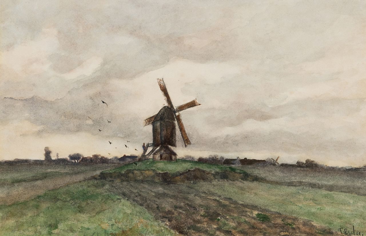 Mesdag T.  | Taco Mesdag | Aquarellen en tekeningen te koop aangeboden | Molen in Drents landschap, aquarel op papier 35,5 x 52,0 cm, gesigneerd rechtsonder