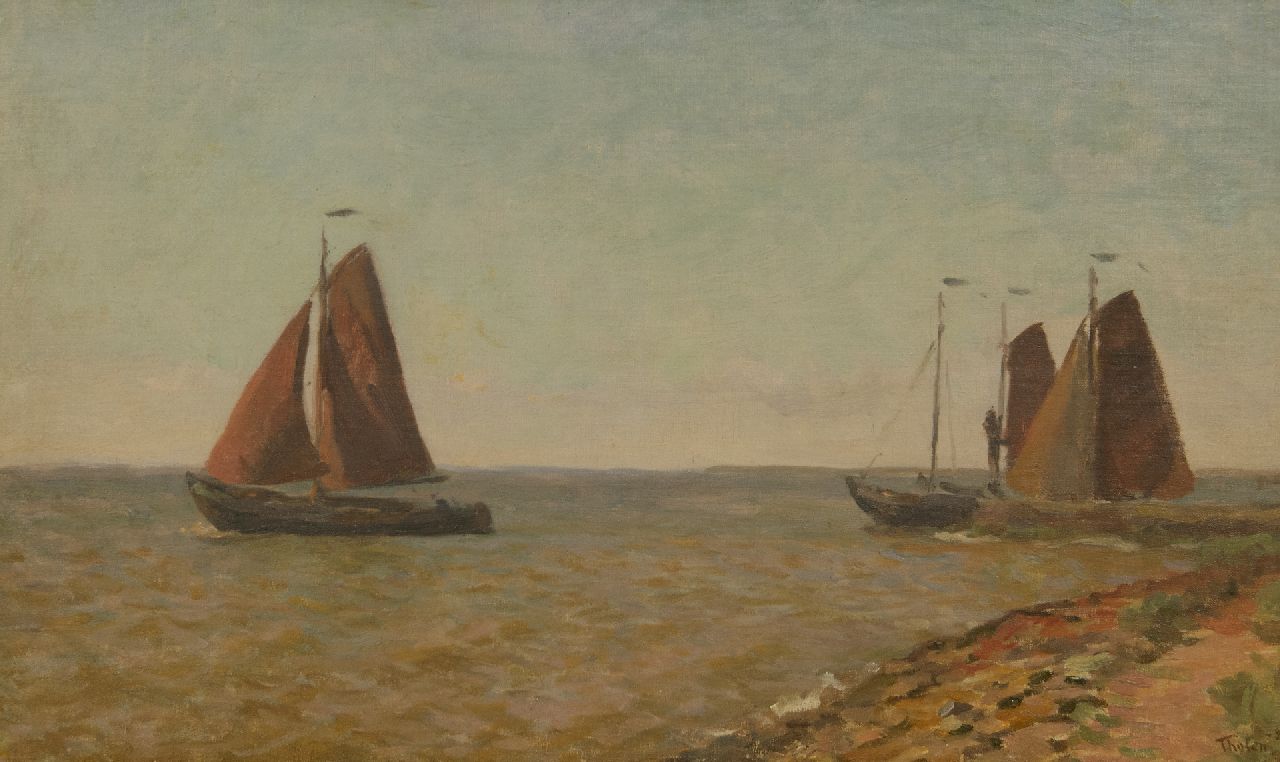 Tholen W.B. | Willem Bastiaan Tholen | Schilderijen te koop aangeboden | Uitvarende schokkers op de Zuiderzee, olieverf op doek op paneel 31,9 x 52,0 cm, gesigneerd rechtsonder en gedateerd '26 Tholen W.B. | Willem Bastiaan Tholen | Schilderijen te koop aangeboden | Uitvarende schokkers op de Zuiderzee, olieverf op doek op paneel 31,9 x 52,0 cm, gesigneerd rechtsonder en gedateerd '26