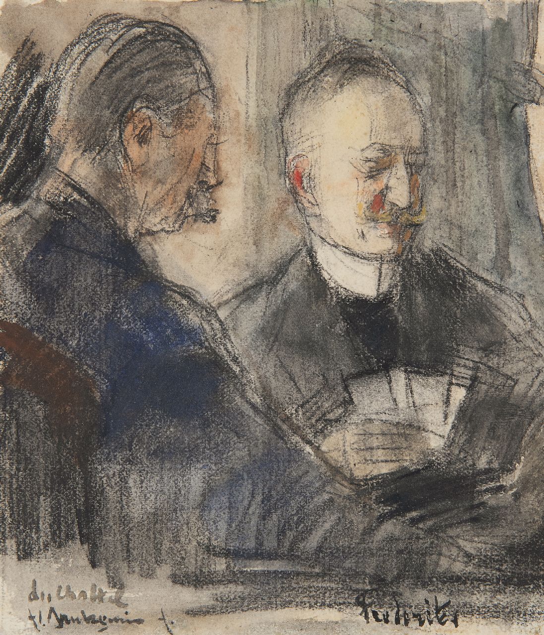 Arntzenius P.F.N.J.  | Pieter Florentius Nicolaas Jacobus 'Floris' Arntzenius | Aquarellen en tekeningen te koop aangeboden | F.J. van Rossum du Chattel en J.A. Frederiks aan het kaarten in Pulchri, krijt en aquarel op papier 13,7 x 11,6 cm, gesigneerd linksonder