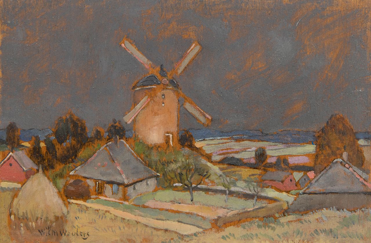 Wouters W.H.M.  | Wilhelmus Hendrikus Marie 'Wilm' Wouters, Heuvellandschap met molen, olieverf op paneel 13,2 x 19,7 cm, gesigneerd linksonder