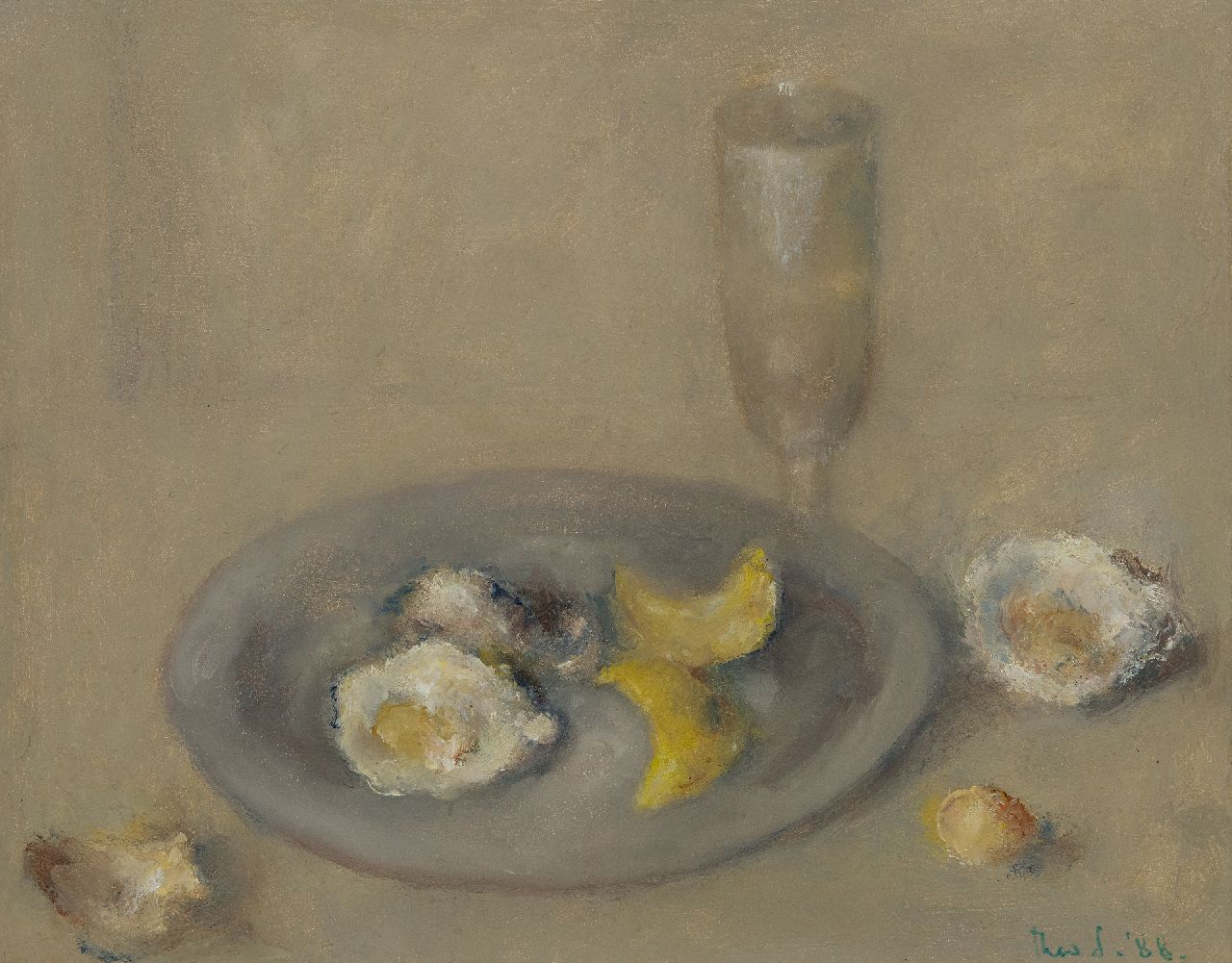 Swagemakers T. | Theo Swagemakers, Stilleven met oesters en citroenschillen op een tinnen bord, olieverf op paneel 39,5 x 49,4 cm, gesigneerd rechtsonder en gedateerd '88 Swagemakers T. | Theo Swagemakers, Stilleven met oesters en citroenschillen op een tinnen bord, olieverf op paneel 39,5 x 49,4 cm, gesigneerd rechtsonder en gedateerd '88